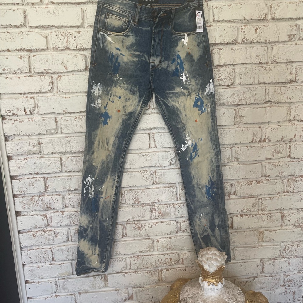 AKOO Men's Blue and White Paint-Splatter Jeans